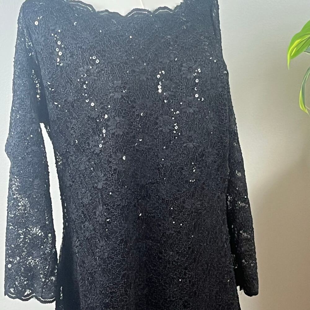 Onyx Nite Black Sequin V Neck Knee Length Dress Size 16 - Picture 3 of 9